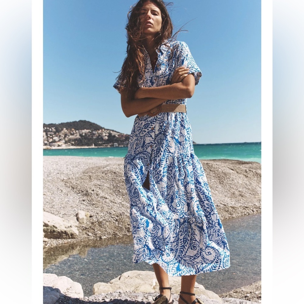 Zara Eyelet Embroidered Belted Printed Shirt Dress